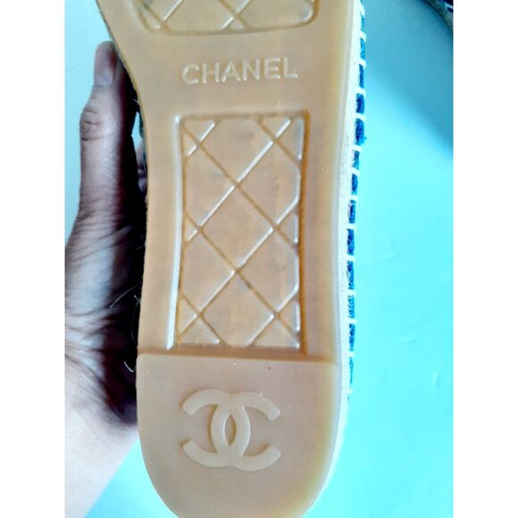 Chanel Blue Black Cap Toe Linen Canvas CC Espadrilles NIB EU38 US7.5Authentic - Picture 4 of 14